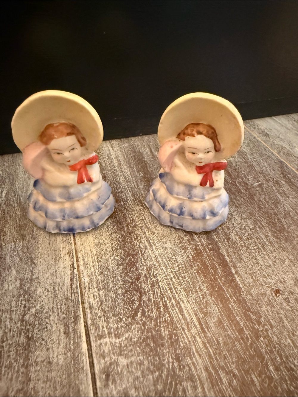 Vintage Ceramic Girl Figurine Salt and Pepper Shakers - Blue and Cream